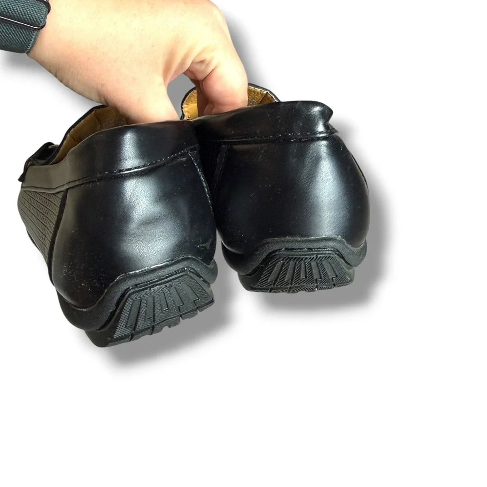 David Stone Bit Loafers Mens 11 Black Faux Leather Grid Moc Toe Slip On Shoes